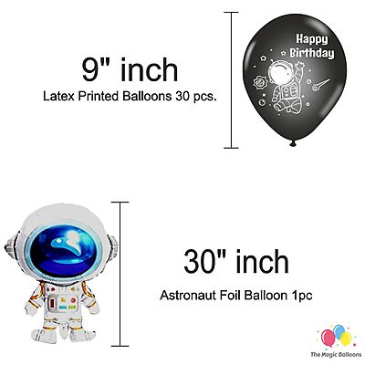 The Magic Balloons Store – Printed Space Theme Birthday Party Decoration Combo Kits – Combo Pack Of 38 Pcs, Foil 5 pcs Set,1 Happy Birthday Banner, 2 Foil Curtains, 30 Balloons-181595