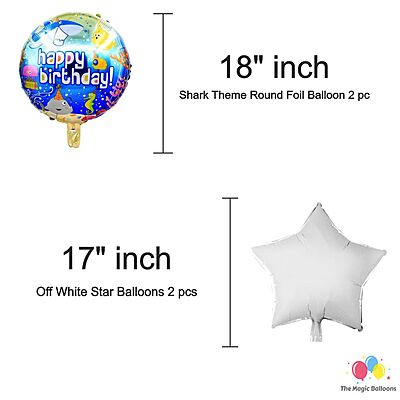 The Magic Balloons Store – Printed Baby Shark Theme Birthday Party Decoration Combo Kits – Combo Pack Of 38 Pcs, Foil 5pcs Set,1 Happy Birthday Banner, 2 Foil Curtains, 30 Balloons-181598