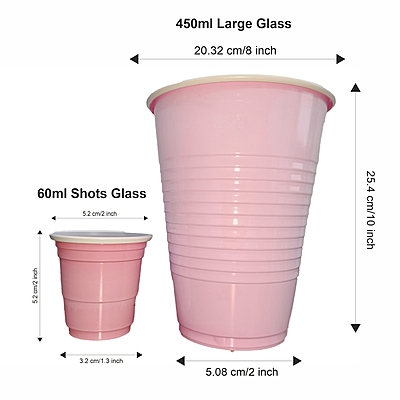 Set of 20 Pink Combo Pack | 10 Pong Glasses 450ml & 10 Shot Glasses 60ml | Reusable Party Glasses for Beer Pong Shots | Perfect for Events & Celebrations