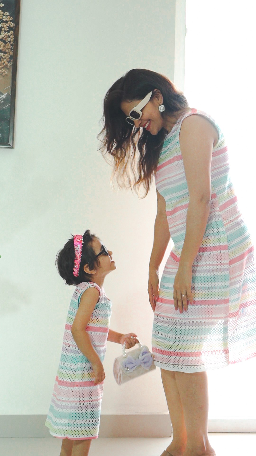 Pastel Harmony Mother-Daughter Dress Set with Soft Striped Elegance