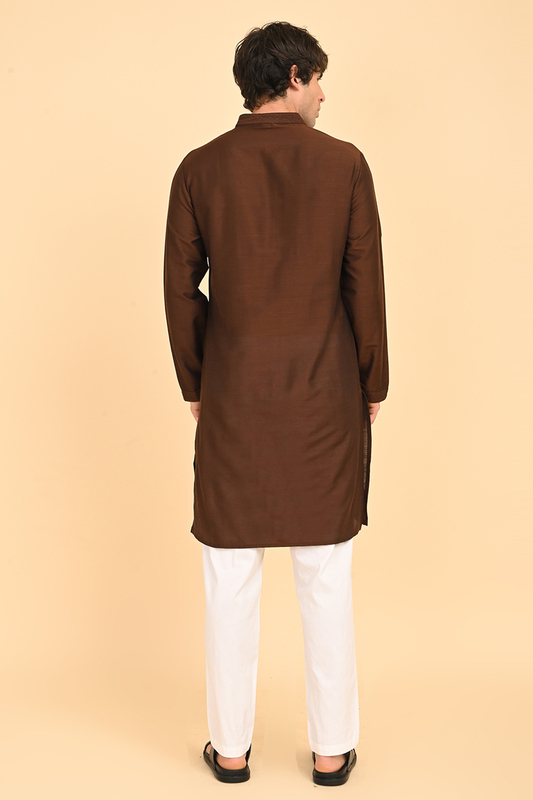Men Ethnic Embroidered Long Kurta - Brown