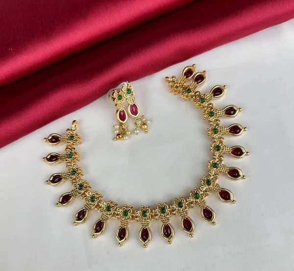 Gold Plated Ruby Green & Red Necklace Set with Earrings