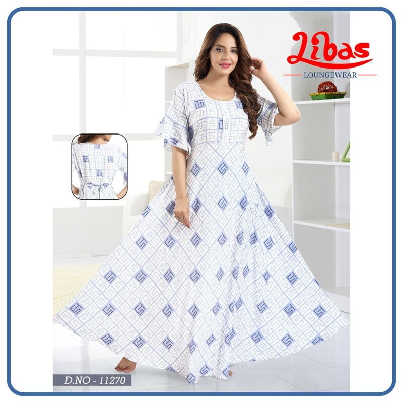 Blue & White Premium Rayon Anarkali Gown With Block Print All Over From Libas Loungewear - AN057 Blue & White Premium Rayon Anarkali Gown With Block Print All Over From Libas Loungewear - AN057