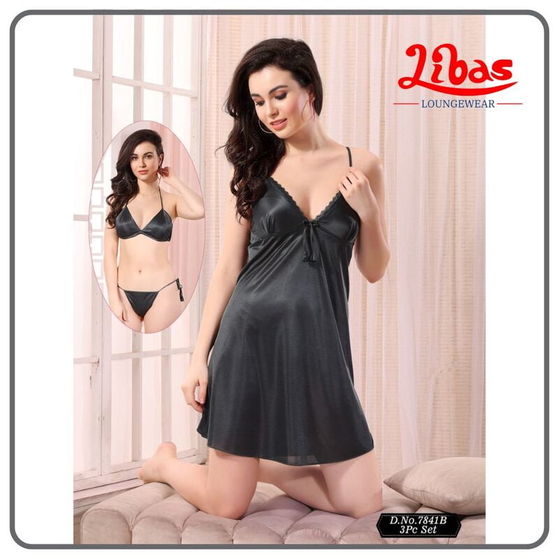 Plain Jagger Colored Satin Three Piece Baby Doll Night Dress From Libas Loungewear - FCN174 Plain Jagger Colored Satin Three Piece Baby Doll Night Dress From Libas Loungewear - FCN174