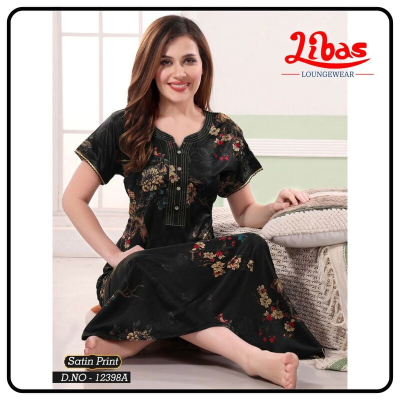 Russian Black Premium Satin Nighty With Floral Print All Over From Libas Loungewear - ST085 Russian Black Premium Satin Nighty With Floral Print All Over From Libas Loungewear - ST085