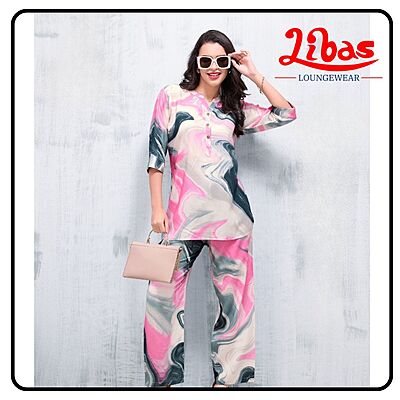 Pink and Grey Geometric Top & Bottom Hosiery Cotton Women Night Suit From Libas Loungewear - FPS143