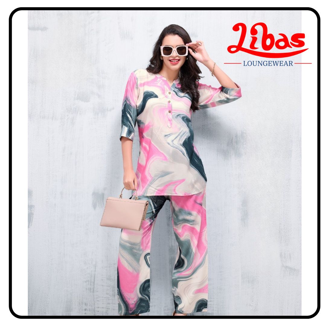 Pink and Grey Geometric Top & Bottom Hosiery Cotton Women Night Suit From Libas Loungewear - FPS143