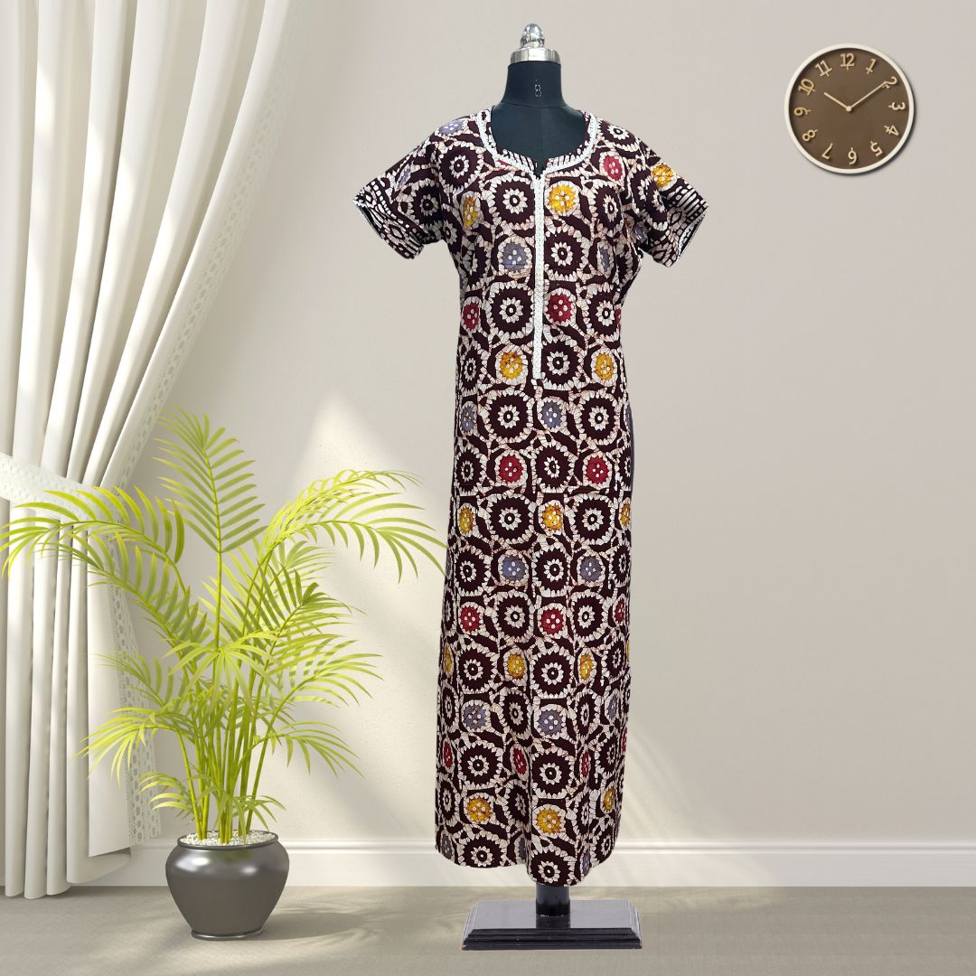 Rust Brown Batik Cotton Nighty With All Over From Libas Loungewear - AL1083 Rust Brown Batik Cotton Nighty With All Over From Libas Loungewear - AL1083