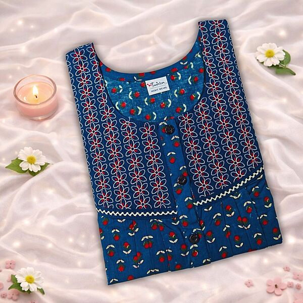 Navy Blue Cotton Pleated Nighty With Floral Design From Libas Loungewear - PLT279