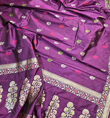 Deep Aubergine Kadwa Banarasi Saree in Pure Katan Silk with Zari, Meenakari & Kadwa Buta Border