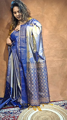 Steel Blue Semi Silk Banarasi Saree with Rani Pink Border & Gold Zari Buta