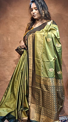 Olive Green Semi Silk Banarasi Saree with Dark Green Border & Gold Zari Buta