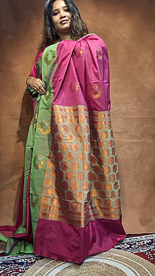 Magenta Semi Silk Banarasi Saree with Pista Green Border & Gold Zari Buta Magenta Semi Silk Banarasi Saree with Pista Green Border & Gold Zari Buta