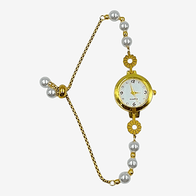Gold Pearl Bracelet Watch - Elegant Floral Quartz Timepiece