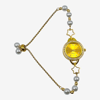 Gold Star & Pearl Charm Bracelet Watch for Women | Quartz