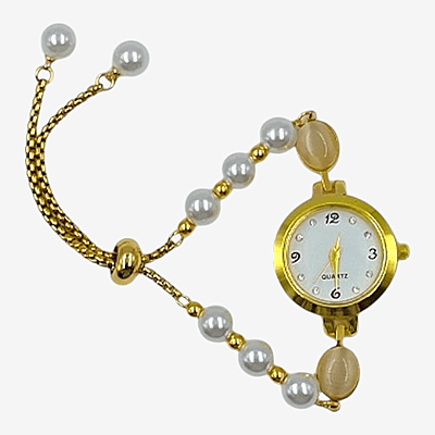Elegant Women's Pearl & Cat-Eye Stone Bracelet Watch