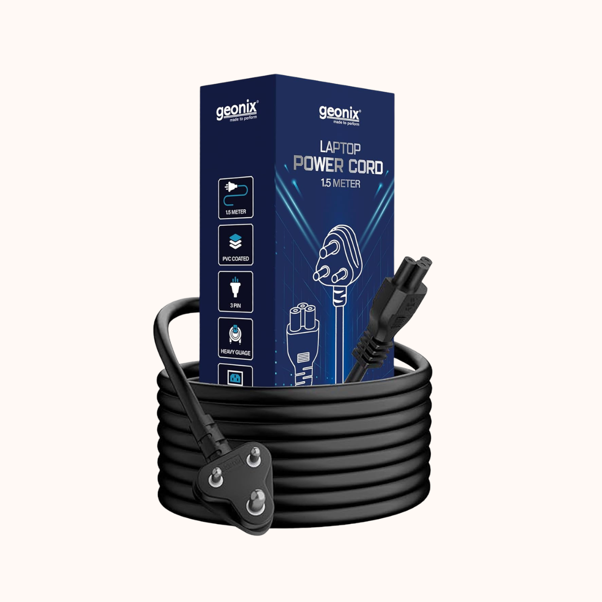 Geonix 1.5 Meter Laptop Power Cable, Black- GXLPC1.5
