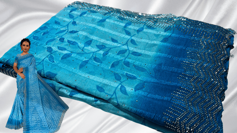 Grand Stone Popcorn Leaf Saree - Aqua Blue