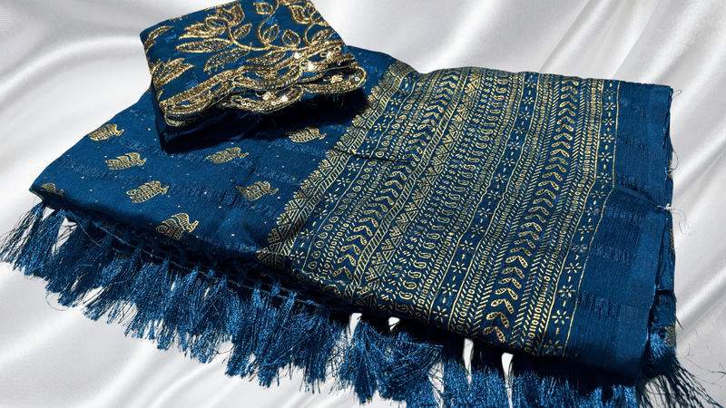 Popcorn Gold Foil Designer Saree - Ramar Blue