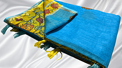 Kalankari Linen Cotton Saree - Aqua Blue Kalankari Linen Cotton Saree - Aqua Blue