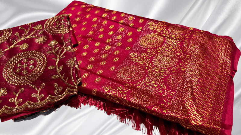 Marble Designer Foil Work Saree - Red Pink