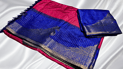 Parrot Gold Line Fancy Silk Saree - Pink & Dark Blue Parrot Gold Line Fancy Silk Saree - Pink & Dark Blue