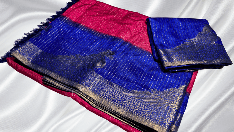 Parrot Gold Line Fancy Silk Saree - Pink & Dark Blue