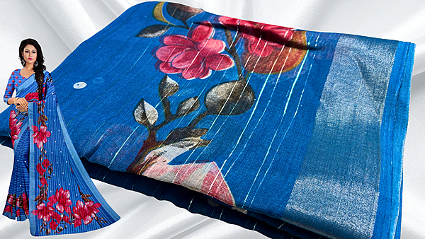 Femina Linen Cotton Floral Saree - Aqua Blue