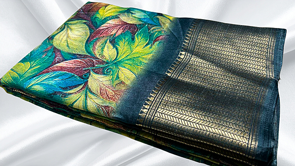 Fancy Soft Silk Jari Leaf Saree - Blue