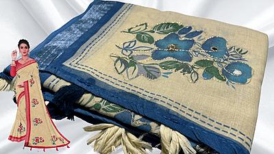 Linen Aari Work Sandal Saree - Blue