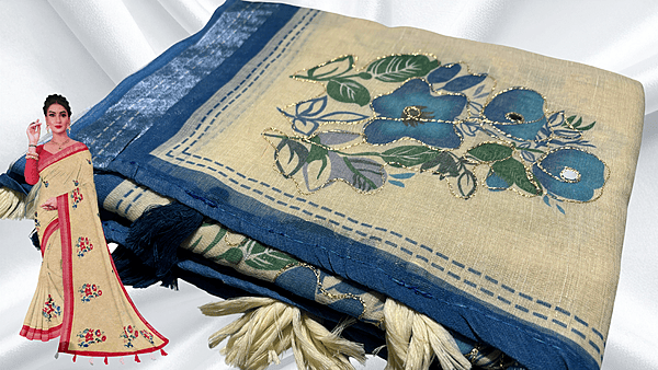 Linen Aari Work Sandal Saree - Blue