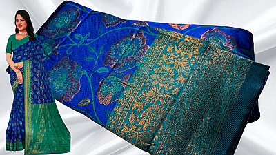 Gulab Soft Floral Silk Saree - Blue & Green