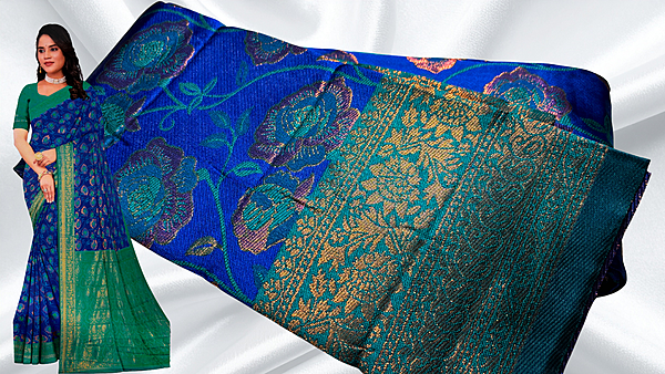 Gulab Soft Floral Silk Saree - Blue & Green