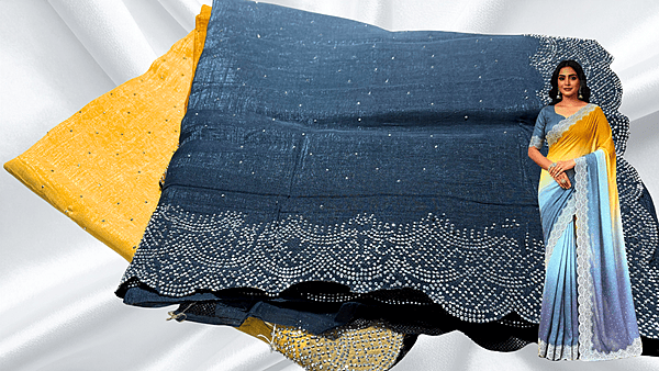 Crunchy Siroski Dual Color Saree - Mustard & Gray