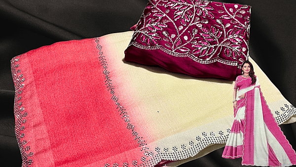 New Launch Marble Stone Work Saree - Red Pink