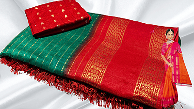Kaveri Dual Retta Patta Silk Saree - Green & Red