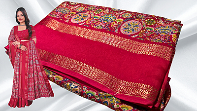 Lajwanti Binny Silk Retta Patta Saree - Rani Pink Lajwanti Binny Silk Retta Patta Saree - Rani Pink