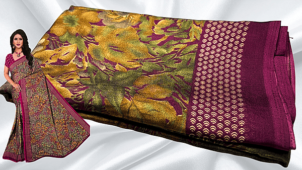 Black Rangoli Distort Floral Saree - Plum