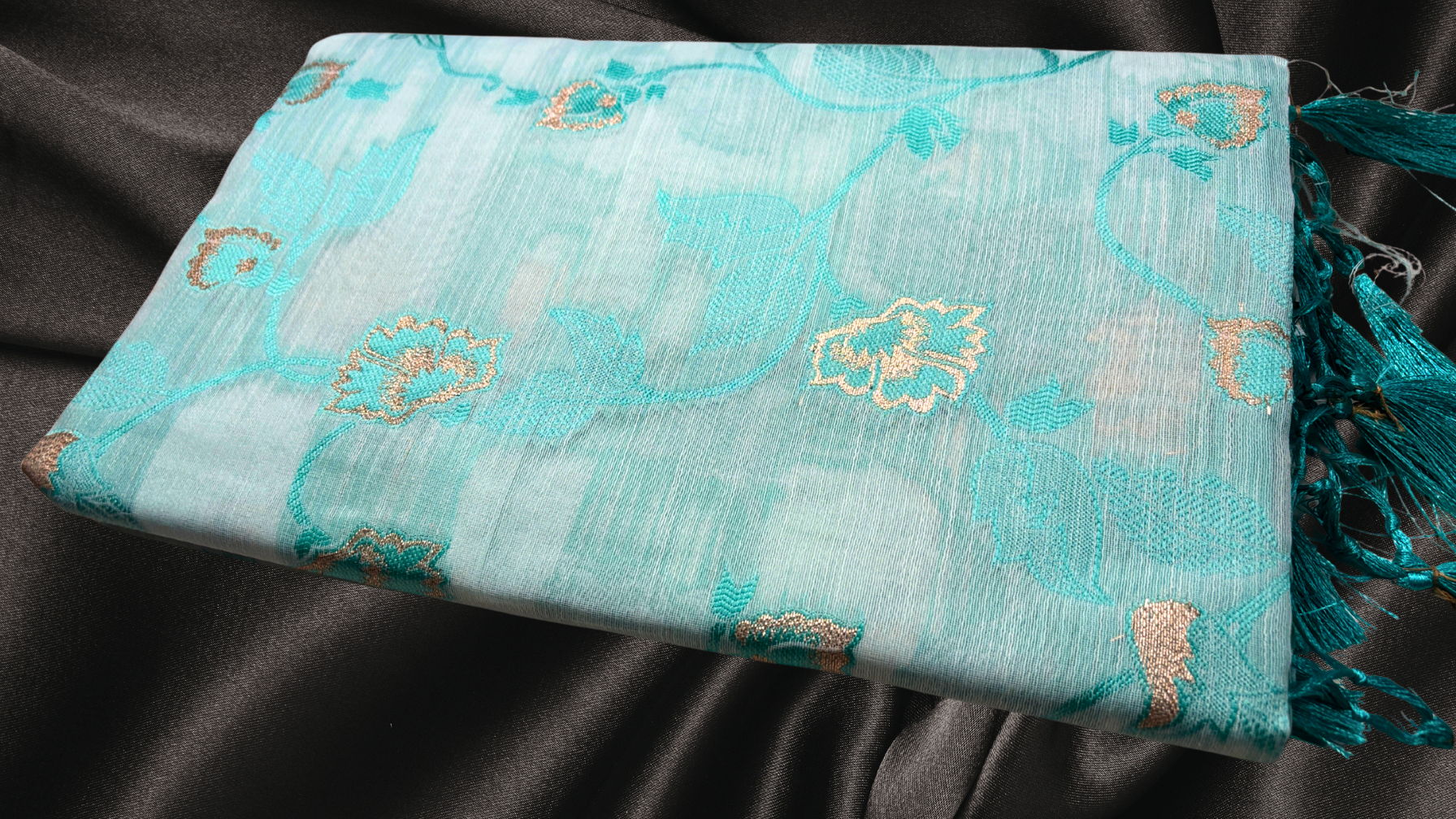 Pushpa Premium Cotton Saree - Aqua White Pushpa Premium Cotton Saree - Aqua White