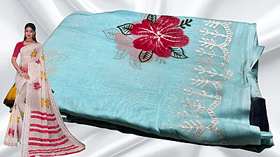 Suchitra Floral Silver Print Saree - Aqua