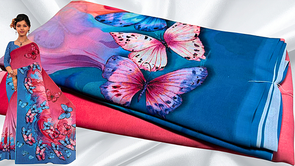 Super Deluxe Vipul Soft Butterfly Saree - Red Rose & Purple