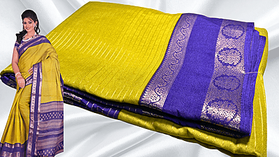 Fine Crep Gold Line Saree - Mustard & Purple Fine Crep Gold Line Saree - Mustard & Purple