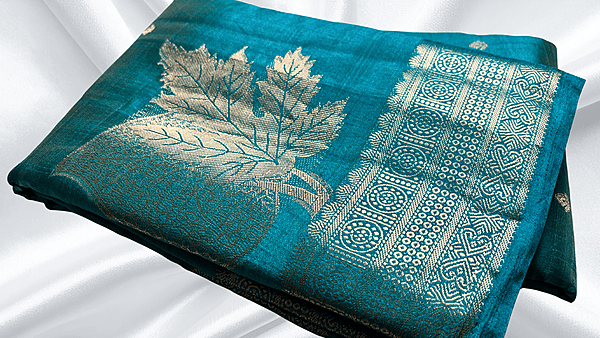 Tusser Silk Soft Butta Jari Saree - Blueish Green