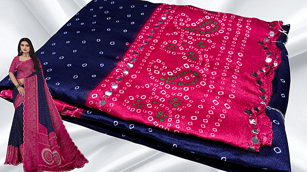 Bandhani Mirror Silk Saree - Navy & Pink