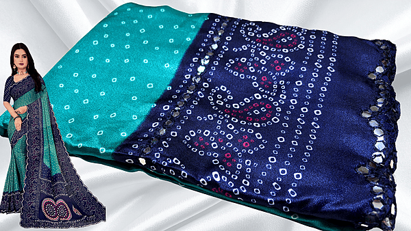 Bandhani Mirror Silk Saree - Turquoise & Navy