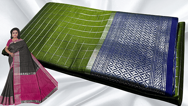 Fancy Jari Checks Silver Saree - Leaf