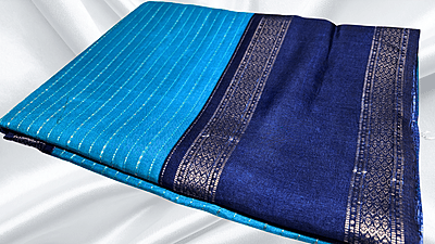 Falgunai Fancy Gold Line Saree - Aqua