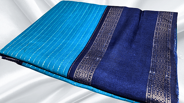 Falgunai Fancy Gold Line Saree - Aqua