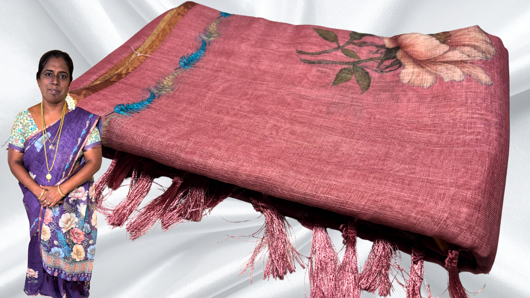 Sindoor Linen Cotton Floral Saree - Peach Sindoor Linen Cotton Floral Saree - Peach