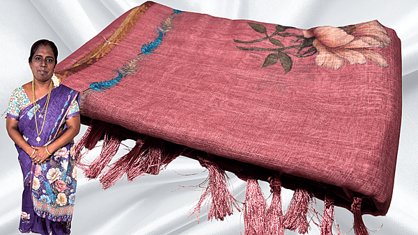 Sindoor Linen Cotton Floral Saree - Peach